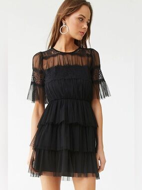 Forever 21 Sheer Black Fit & Flare Lace and Tulle Ruffle Pleated Mini Shirtdress